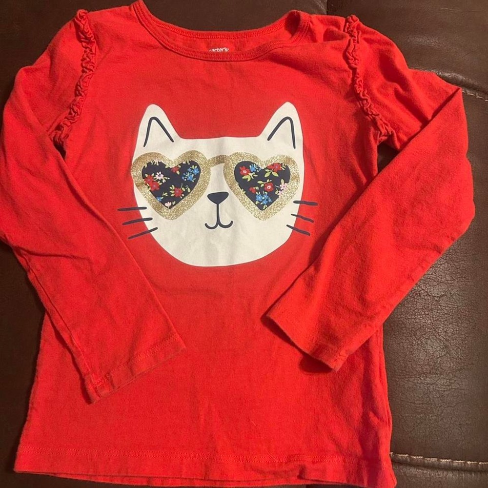 Carters Girls Red Long Sleeve Cat Heart Sunglasses Shirt 5T Toddler‎